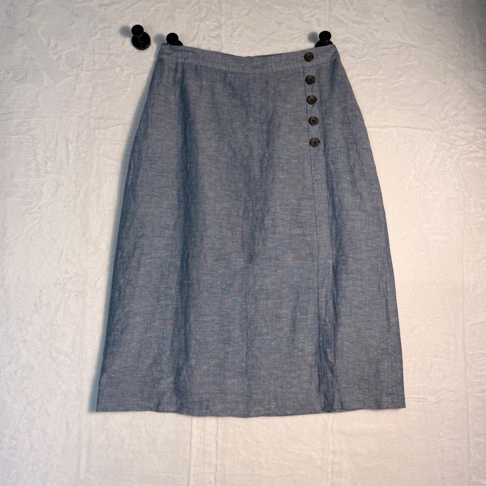 Banana Republic Blue Linen Cotton A-Line Midi Skirt Side Buttons Size 2